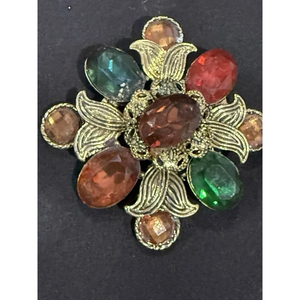 Large Gold Tone Floral Brooch - Multi-Color Faux Gemstone Pin Costume Jewelry